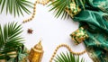 Richly decorated image featuring palm leaves, an ornate brass lantern, an emerald green and gold patterned fabric, Royalty Free Stock Photo