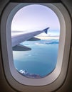 Window View of United Express Wing over Salt Lake Royalty Free Stock Photo