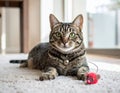 Handsome tabby cat lying down on carpet next to his toy mouse Royalty Free Stock Photo