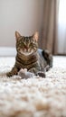 Handsome tabby cat lying down on carpet next to his toy mouse Royalty Free Stock Photo