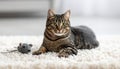 Handsome tabby cat lying down on carpet next to his toy mouse Royalty Free Stock Photo