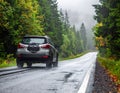 SUV automobile driving through foggy and rainy forest road Royalty Free Stock Photo