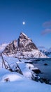 Winter full moon next to the Skolmen mountain peak, Lofoten Islands, Norway Royalty Free Stock Photo