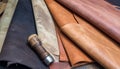Pieces of the colored leathers. raw materials for manufacture Royalty Free Stock Photo