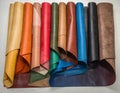 Pieces of the colored leathers. raw materials for manufacture Royalty Free Stock Photo