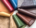 Pieces of the colored leathers. raw materials for manufacture Royalty Free Stock Photo