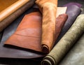 Pieces of the colored leathers. raw materials for manufacture Royalty Free Stock Photo