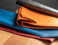 Pieces of the colored leathers. raw materials for manufacture Royalty Free Stock Photo