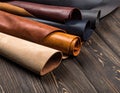 Pieces of the colored leathers. raw materials for manufacture Royalty Free Stock Photo