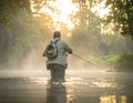 Man fly fishing in fog with trees behind him in morning Royalty Free Stock Photo