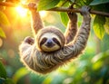Adorable Smiling Sloth Hanging in a Sunny Jungle Royalty Free Stock Photo