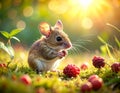 Adorable Mouse Eating Berries in Golden Sunlight Royalty Free Stock Photo