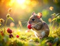 Adorable Mouse Enjoying a Raspberry in Golden Sunlight Royalty Free Stock Photo