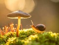 Golden Hour Macro: Snail and Mushroom on Dewy Moss Royalty Free Stock Photo