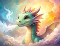 Adorable Baby Dragon Breathing Mist in Enchanted Sunset Sky Royalty Free Stock Photo