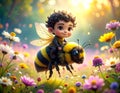 Whimsical Boy Riding a Giant Bumblebee in a Sunlit Flower Field Royalty Free Stock Photo