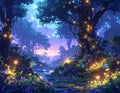 Enchanted Twilight Forest with Glowing Mushrooms Royalty Free Stock Photo