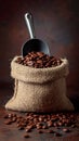 A sack of roasted coffee beans in a metal scoop studio. Royalty Free Stock Photo