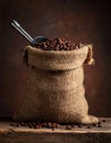 A sack of roasted coffee beans in a metal scoop studio. Royalty Free Stock Photo