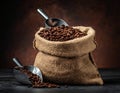 A sack of roasted coffee beans in a metal scoop studio. Royalty Free Stock Photo