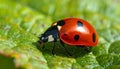 Close-up of a Red Ladybug on a Green Leaf Royalty Free Stock Photo