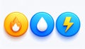 3D icons representing fire, water and electricity with a shiny look on a white background Royalty Free Stock Photo