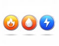 3D icons representing fire, water and electricity with a shiny look on a white background Royalty Free Stock Photo