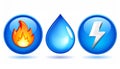 3D icons representing fire, water and electricity with a shiny look on a white background Royalty Free Stock Photo
