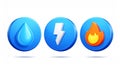 3D icons representing fire, water and electricity with a shiny look on a white background Royalty Free Stock Photo