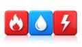 3D icons representing fire, water and electricity with a shiny look on a white background Royalty Free Stock Photo
