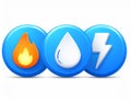 3D icons representing fire, water and electricity with a shiny look on a white background Royalty Free Stock Photo