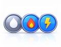 3D icons representing fire, water and electricity with a shiny look on a white background Royalty Free Stock Photo