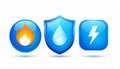 3D icons representing fire, water and electricity with a shiny look on a white background Royalty Free Stock Photo