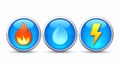 3D icons representing fire, water and electricity with a shiny look on a white background Royalty Free Stock Photo