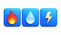 3D icons representing fire, water and electricity with a shiny look on a white background Royalty Free Stock Photo