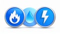 3D icons representing fire, water and electricity with a shiny look on a white background Royalty Free Stock Photo