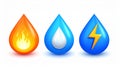 3D icons representing fire, water and electricity with a shiny look on a white background Royalty Free Stock Photo
