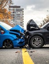 The scene of the car crash where a blue vehicle hit a black car on the road Royalty Free Stock Photo