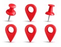 3d red pin. Plastic matching push pins, point markers, needle and round-headed fasten Royalty Free Stock Photo