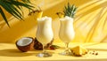 Tropical pinacolada pineapple and coconut drinks in sunlight on yellow background. Royalty Free Stock Photo