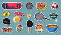 90s style sports stickers with skateboard, table tennis, racket, ball, bowl Royalty Free Stock Photo