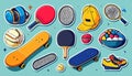 90s style sports stickers with skateboard, table tennis, racket, ball, bowl Royalty Free Stock Photo