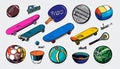 90s style sports stickers with skateboard, table tennis, racket, ball, bowl Royalty Free Stock Photo