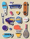90s style sports stickers with skateboard, table tennis, racket, ball, bowl Royalty Free Stock Photo