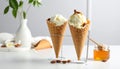 Delicious vanilla ice cream in wafer cones with honey and almonds on white table indor Royalty Free Stock Photo