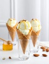 Delicious vanilla ice cream in wafer cones with honey and almonds on white table indor Royalty Free Stock Photo