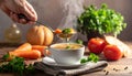 Close-up ladling steaming veggie soup into cup in cozy home kitchen Royalty Free Stock Photo