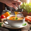 Close-up ladling steaming veggie soup into cup in cozy home kitchen Royalty Free Stock Photo