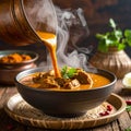Hands pouring thick curry into bowl with gentle rising steam, winter warmth Royalty Free Stock Photo