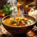 Hands pouring thick curry into bowl with gentle rising steam, winter warmth Royalty Free Stock Photo